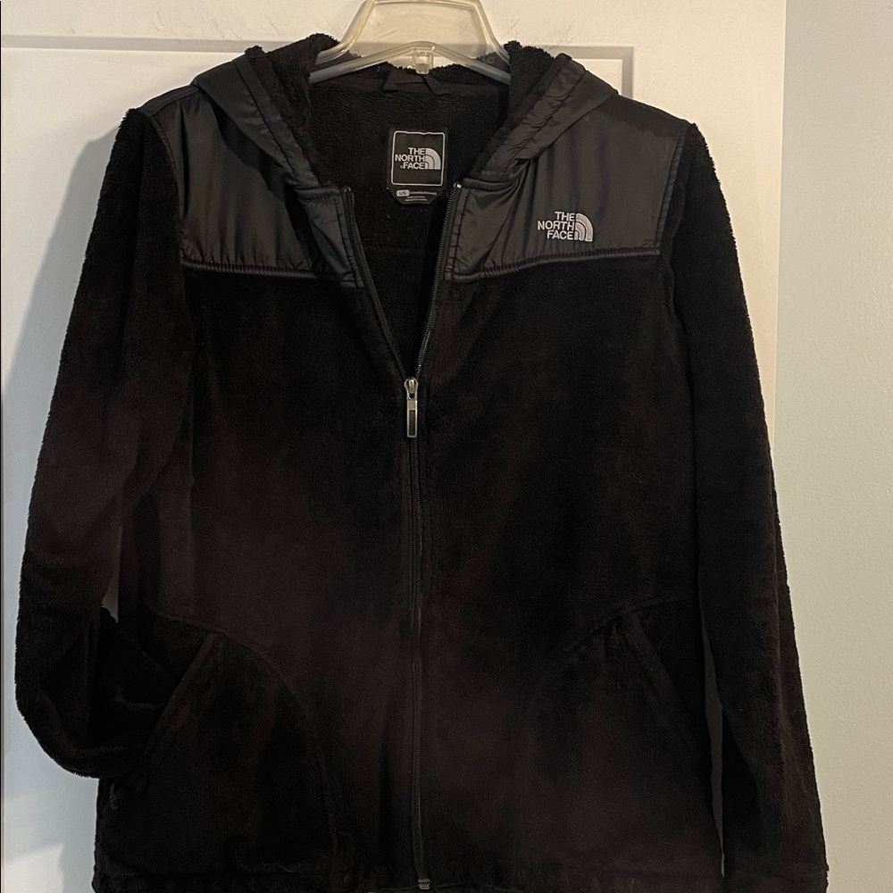 The North Face Black LG Fleece Zip Front Hoodie Nylon Shoulder Accent and Hood